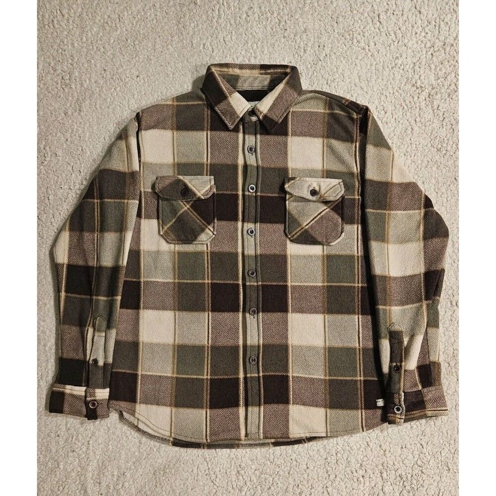 Berdels Mens M Fleece Plaid Button Up Shirt Brown Olive Long Sleeve Surf Skate